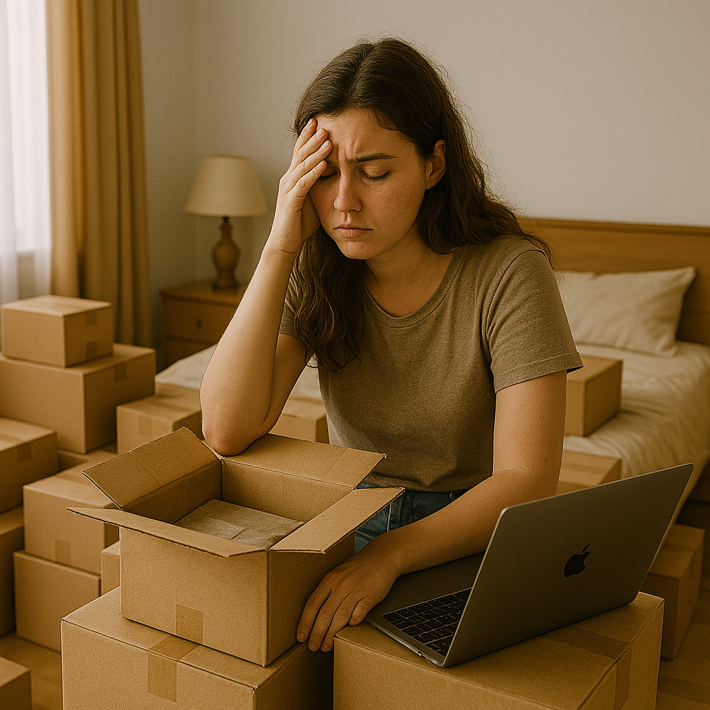 Tired faces with boxes before fulfillment